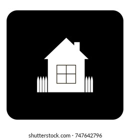 vector icon of house with a pipe and a fence. Vector white illustration on black background