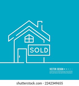 Icono vectorial de la casa con cartel vendido. Ilustración aislada sobre fondo azul.