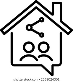 A vector icon of a house with two faces inside, symbolizing shared housing or co-living. With customizable outlines, it's perfect for roommate, community living, or shared accommodation visuals.