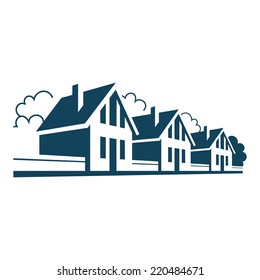 Vector icon of houses. Logo design template. Sign of real estate. Perspective view of street with group of cottages, trees, fences. Illustration for print, web