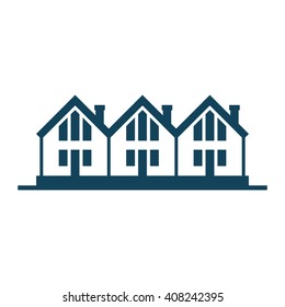 Vector icon of houses. Logo design template. Sign of real estate. View of street with group of cottages.Illustration for print, web