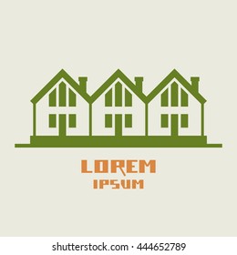 Vector icon of houses. Logo design template. Green sign of real estate. View of street with group of cottages.Illustration for print, web