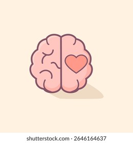 Vector icon of human brain with heart symbol representing mental health, emotional balance, empathy, and psychological wellbeing awareness