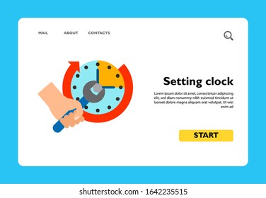 Vector icon of human hand holding wrench and setting clock. Setting time, interval, maintenance. Time management concept. Can be used for topics like business, management, planning