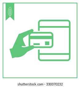 Vector icon of human hand holding credit card at ATM