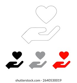 vector icon of a human hand on which there is a heart symbol, line icon and colored red, black and light black