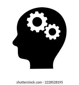 Icono vector de la cabeza humana con engranajes sobre fondo blanco. Concepto de inteligencia artificial de robots humanos.