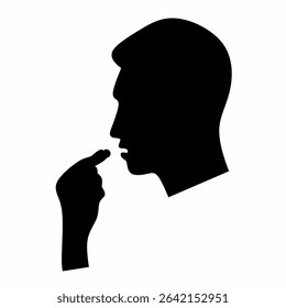 Vector icon of Human head with open mouth and hand holding pill. Isolated on white background. Vector silhouette