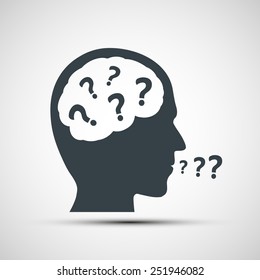 Vector icon of human head with question marks