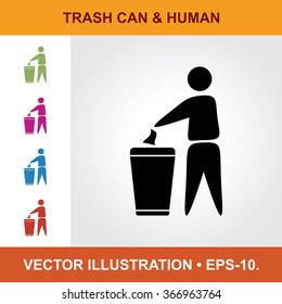 Vector Icon Of Human With Trash Can With Title & Small Multicolored Icons. Eps-10.