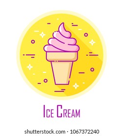 Vector icon with ice cream in a coloured circle. Vector banner for fast food. Thin line flat design. 