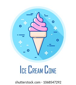 Vector icon with ice cream cone in a coloured circle. Vector banner for fast food. Thin line flat design. 