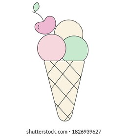 Vector icon of ice cream cone isolated on white background for cute postcard, bakery logo, invitations, greeting cards, business card