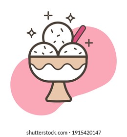 Vector icon of ice cream in a plate with chocolate chips and berries. Logo for a pastry shop.