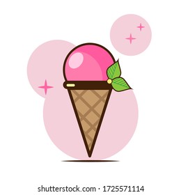 Vector icon of ice cream in a waffle cup in flat style. Sweet dessert with strawberry flavor. Favorite treat of the child