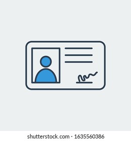 Vector icon of an ID card, security badge with an avatar image and a signature. It represents protection of documents and importance of personal data security