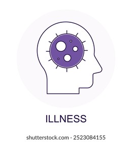 Ícone de vetor para Doença. Cabeça humana com símbolo de vírus representando doença, problemas de saúde e diagnóstico médico.