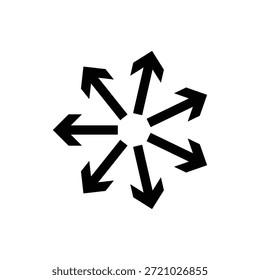Icono de Vector que ilustra la divergencia y la distribución, con múltiples flechas apuntando hacia afuera, perfecto para el crecimiento, la estrategia y los conceptos de elección.