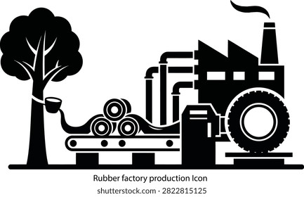 Vector icon illustrating rubber processing industry from latex tree to production factory and manufacturing final tread