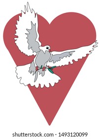 vector icon illustration of a bird. International day of peace sign. Valentine's day postcard. Flying white and gray dove with a green branch and a red heart.