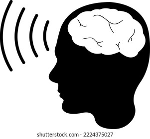 Vector icon illustration of the black silhouette of a person with brain waves, in the concept of telepathy