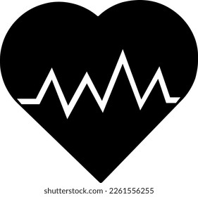 vector icon illustration of the black silhouette of a heart with electrocardiogram waves representing cardiac pulse