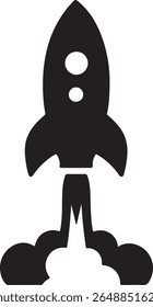 Vector icon illustration of a black silhouette rocket ship launching with white smoke and minimalist design for technology space exploration