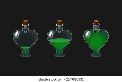 Vector icon with an illustration of a bottle with a potion. Glass vessel with colored drink. Flask with colored liquid.