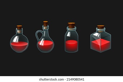 Vector icon with an illustration of a bottle with a potion. Glass vessel with colored drink. Flask with colored liquid.
