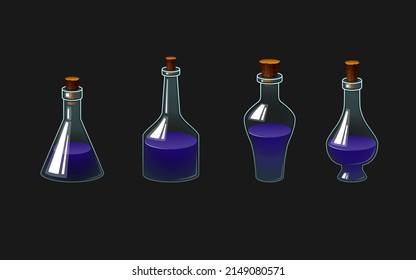 Icono vector con una ilustración de una botella con una poción. Vaso de vidrio con bebida coloreada. Matraz con líquido coloreado.