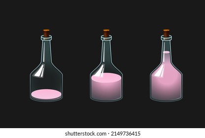 Ilustración vectorial de botellas con una opción. Vaso de vidrio con bebida coloreada. Matraz.