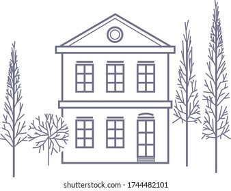 vector icon illustration of building and trees, line style.