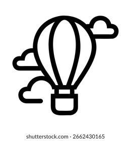 Vector icon illustration of a cartoon hot air balloon and airplane in the sky, a light bulb, and a coffee cup