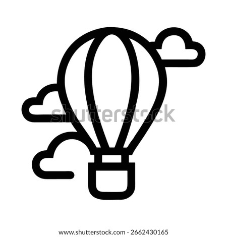Vector icon illustration of a cartoon hot air balloon and airplane in the sky, a light bulb, and a coffee cup