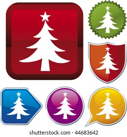 Vector icon illustration of christmas tree over diverse buttons. Only global colors. CMYK. Easy color and proportions changes.