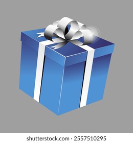 Vector icon illustration of a closed blue gift box with white silk ribbon. isolated on gray background