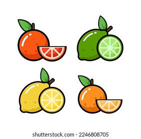 Ilustración del icono del vector. Frutas de cítricos coloridas, limón, naranja, lima, pomelo. Aislado sobre fondo blanco.