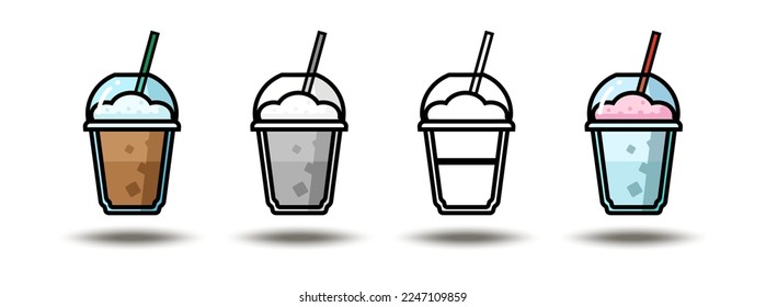 Vector icon illustration. Colorful frappe coffee in gray, color and blakc and white. Isolated on white background.