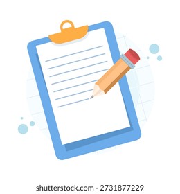 Vector icon illustration of copywriting concept featuring clipboard, pencil, and written content. Creative writing, storytelling, and learning concept for education and content creation.