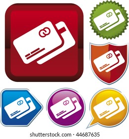 Vector icon illustration of credit card over diverse buttons. Only global colors. CMYK. Easy color and proportions changes.