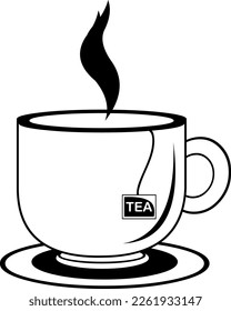 vector icon illustration of a cup of tea on a plate, with aroma smoke, drawn in black and white