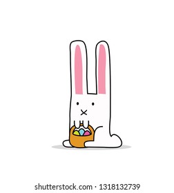 Vector icon illustration of cute easter rabbit bunny character with bucket full of easter colorful eggs isolated on white background