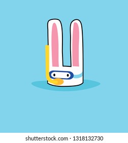 Vector icon illustration of cute rabbit bunny diver character with snorkel win water isolated on blue background as sea