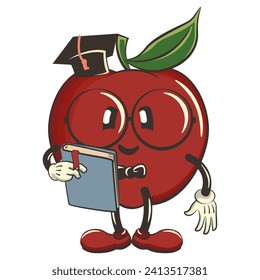 vector icon illustration of a cute red apple character mascot being a smart scholar