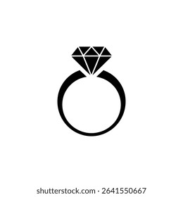 Vector icon illustration depicting a classic solitaire diamond engagement ring. A timeless symbol of love, commitment, and marriage proposals. Solid black design on a white background.