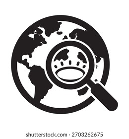 Ilustração em ícone de vetor que representa uma lupa sobre um globo, revelando uma coroa, simbolizando a pesquisa de qualidade global e a descoberta premium.