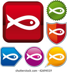 Vector icon illustration of fish over diverse buttons. Only global colors. CMYK. Easy color and proportions changes.