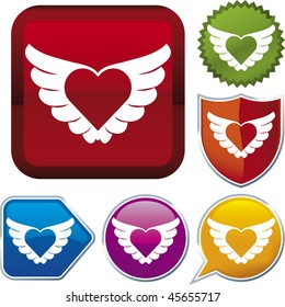 Vector icon illustration of flying heart over diverse buttons. Only global colors. CMYK. Easy color and proportions changes.