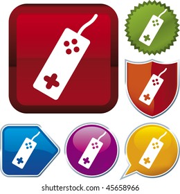 Vector icon illustration of gamepad over diverse buttons. Only global colors. CMYK. Easy color and proportions changes.