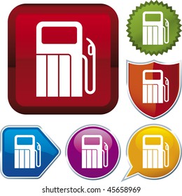 Vector icon illustration of gas station over diverse buttons. Only global colors. CMYK. Easy color and proportions changes.